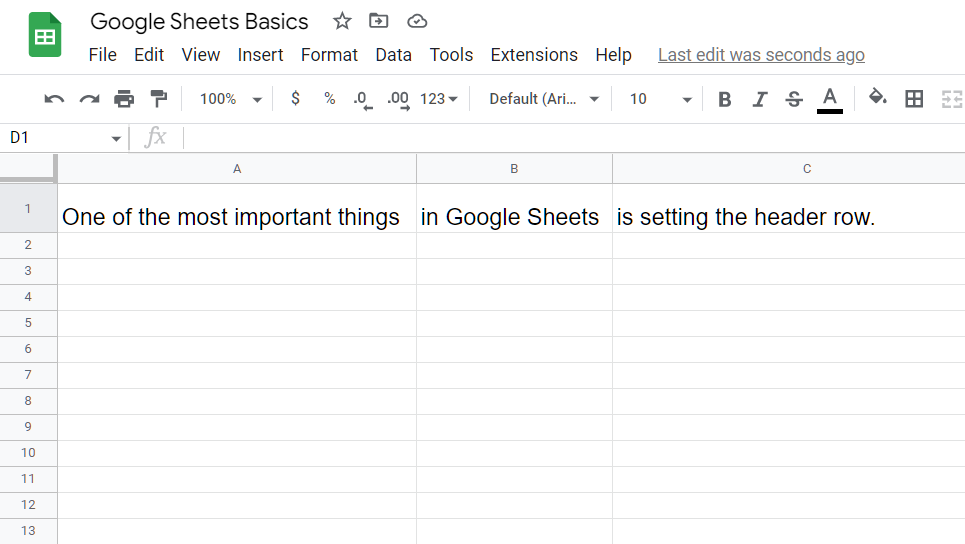 Picture of google sheets heading row step 1